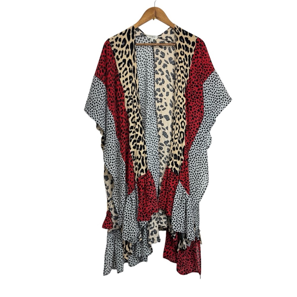 UMGEE Black Red Long Kimono Cardigan Ruffle Duster Leopard and Polka Dot M/L
